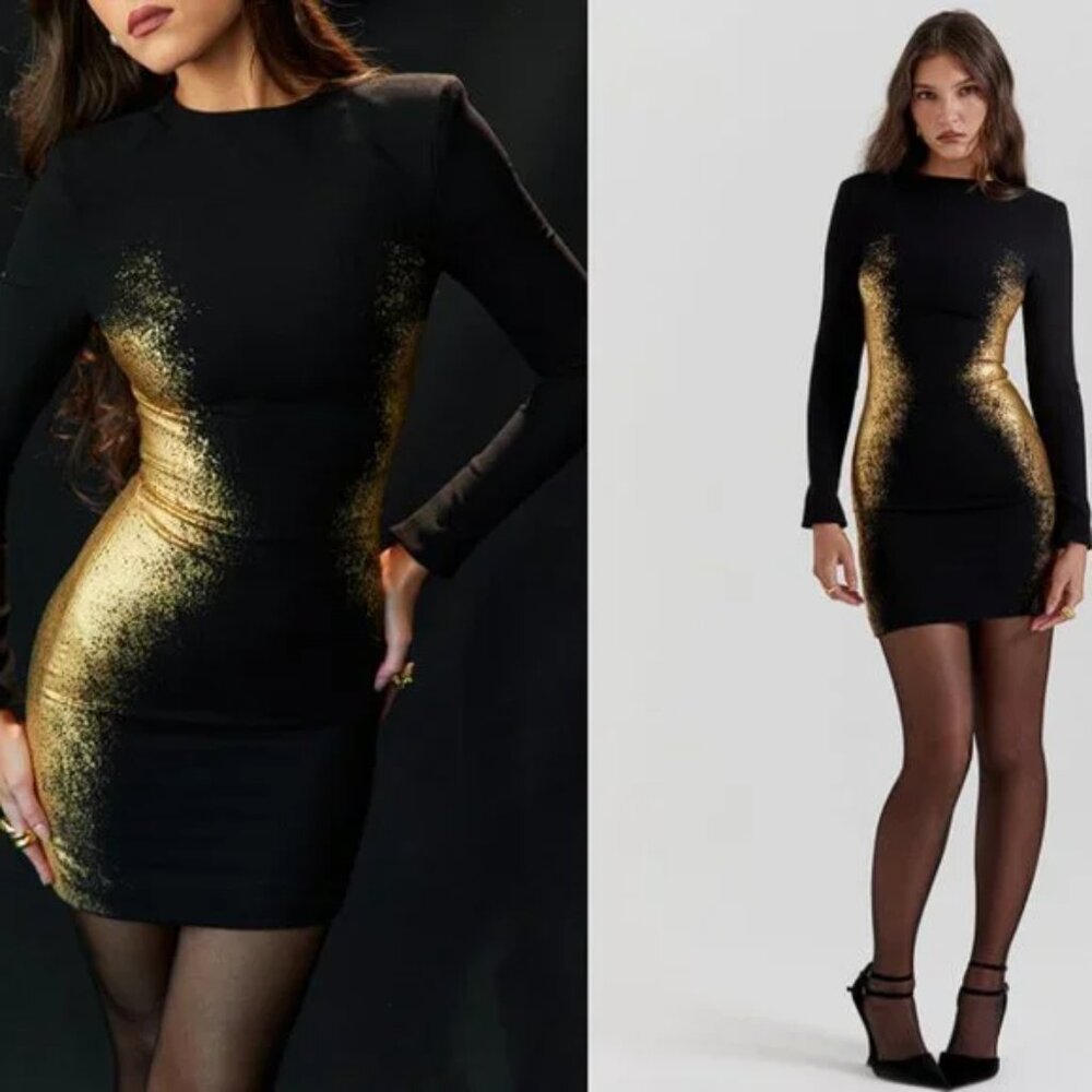 NEW HOUSE OF CB 'Domenica' Black & Gold Foil Print Mini Dress Size M  #MD2198 - Picture 4 of 9